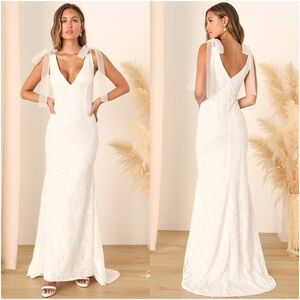 LULU’S Eternally Yours White Lace Tie-Strap Mermaid Maxi Dress